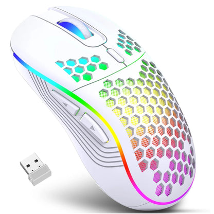 Rato gaming sem fios 2.4G com iluminação RGB e carregamento, DPI ajustável, design ergonómico em forma de favo de mel, para desktop e portátil