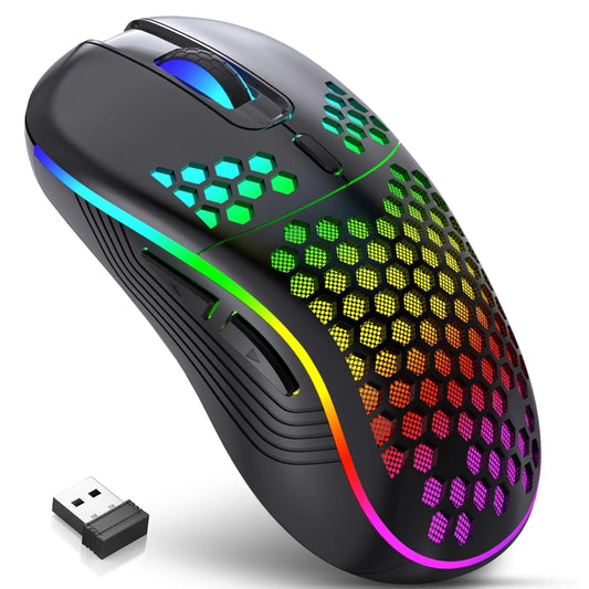 Rato gaming sem fios 2.4G com iluminação RGB e carregamento, DPI ajustável, design ergonómico em forma de favo de mel, para desktop e portátil