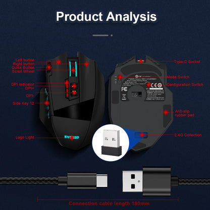 Rato óptico gaming sem fios E-YOOSO X-33 RGB USB 2.4G 16000 DPI, 16 botões, programável, para computador, PC e portátil