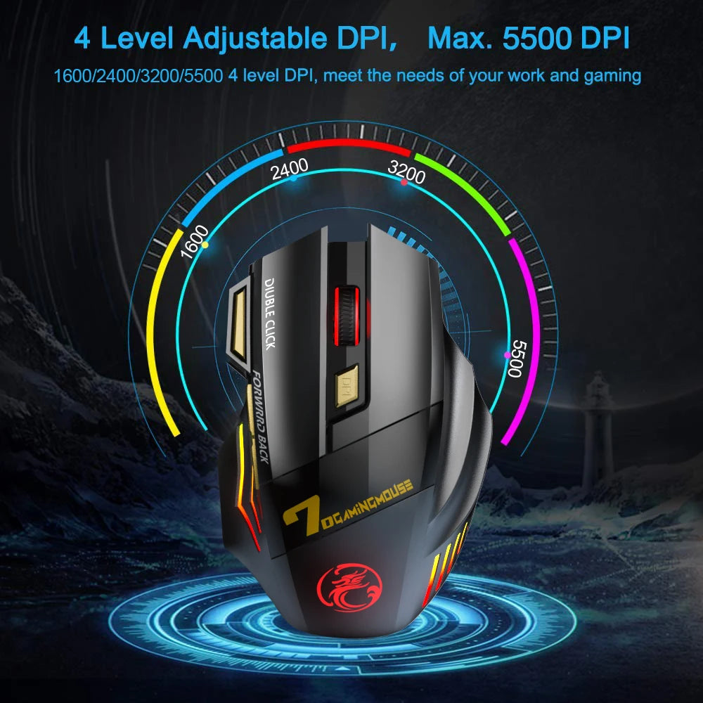 Rato Bluetooth recarregável sem fios para PC Gamer Rato para jogos de computador Rato ergonómico 5500 DPI para portátil e iPad