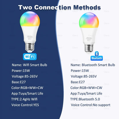 Lâmpada LED Inteligente Tuya Wi-Fi/Bluetooth - Compatível com Alexa e Google Assistant, Base E27, RGB, para Smart Life