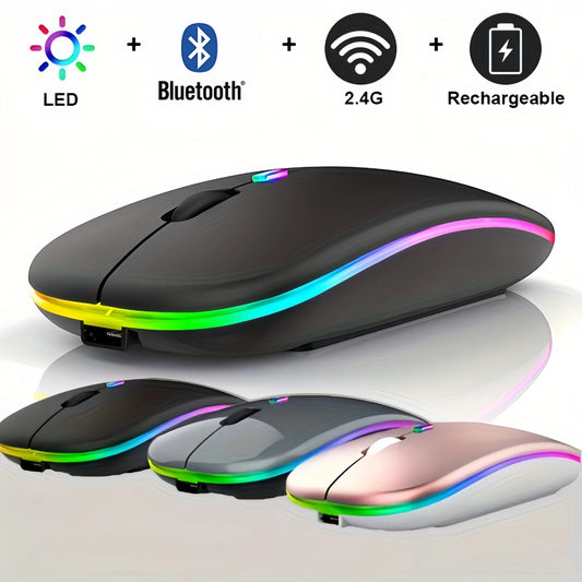 Rato sem fios Bluetooth e 2,4 GHz Modos duplos Recarregável RGB Ergonómico