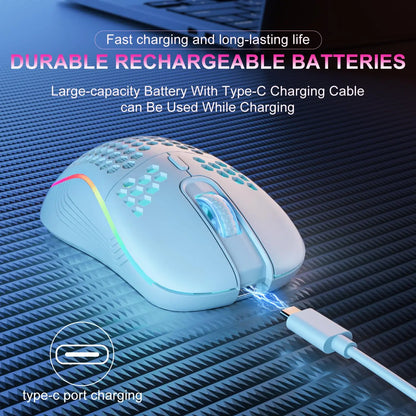 Rato gaming sem fios 2.4G com iluminação RGB e carregamento, DPI ajustável, design ergonómico em forma de favo de mel, para desktop e portátil