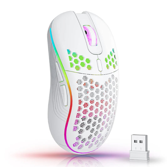 Rato gaming sem fios 2.4G com iluminação RGB e carregamento, DPI ajustável, design ergonómico em forma de favo de mel, para desktop e portátil