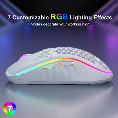 Rato gaming sem fios 2.4G com iluminação RGB e carregamento, DPI ajustável, design ergonómico em forma de favo de mel, para desktop e portátil