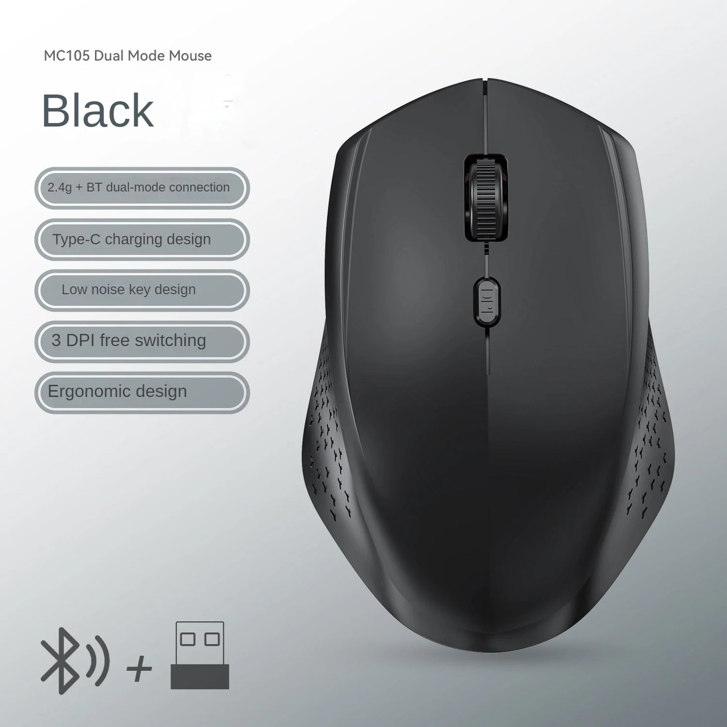 Rato Bluetooth 5.2 sem fios 2.4G, modo duplo, silencioso, recarregável, 1600 DPI, para portátil, Windows, Mac OS