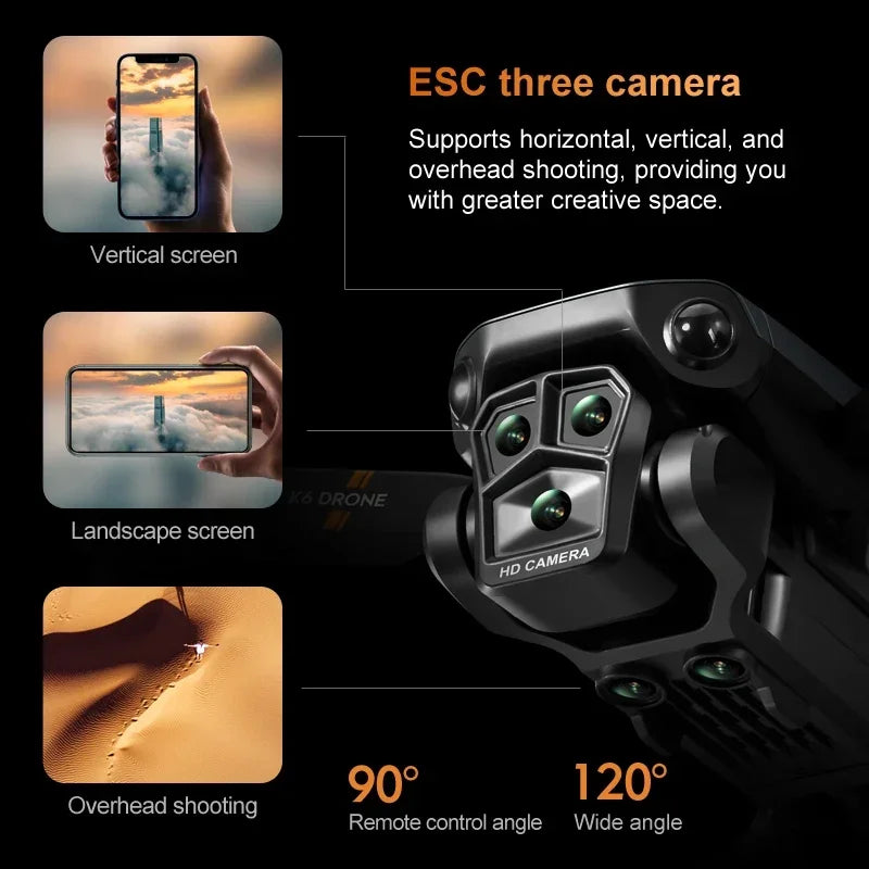 Drone XIAOMI K6 Max 8K WIFI GPS Profissional Três Câmaras Grande Angular Fluxo Óptico Quatro Vias Evitação de Obstáculos Quadricóptero