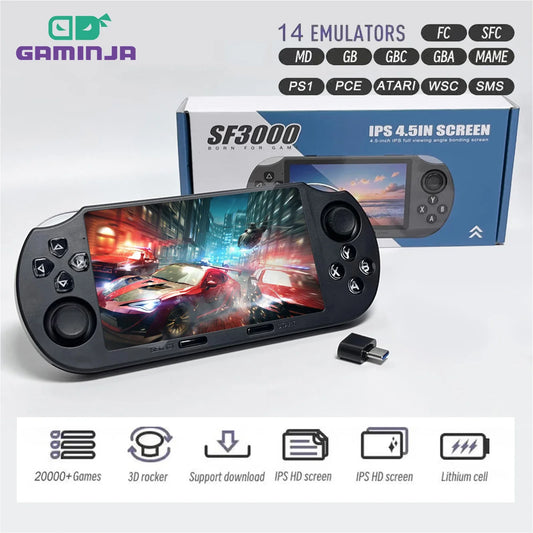 GAMINJA SF3000 Ecrã IPS de 4,5 polegadas Leitor de jogos portátil Consola de videojogos retro integrada Mais de 20.000 jogos para PS1/GBA/SFC