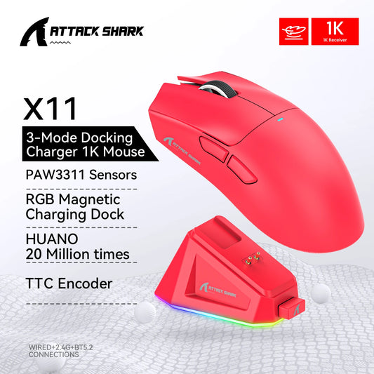 Rato sem fios Attack Shark X11, Bluetooth/2.4G/com fios, rato tri-mode, base de carregamento magnético RGB PAW3311, rato para jogos